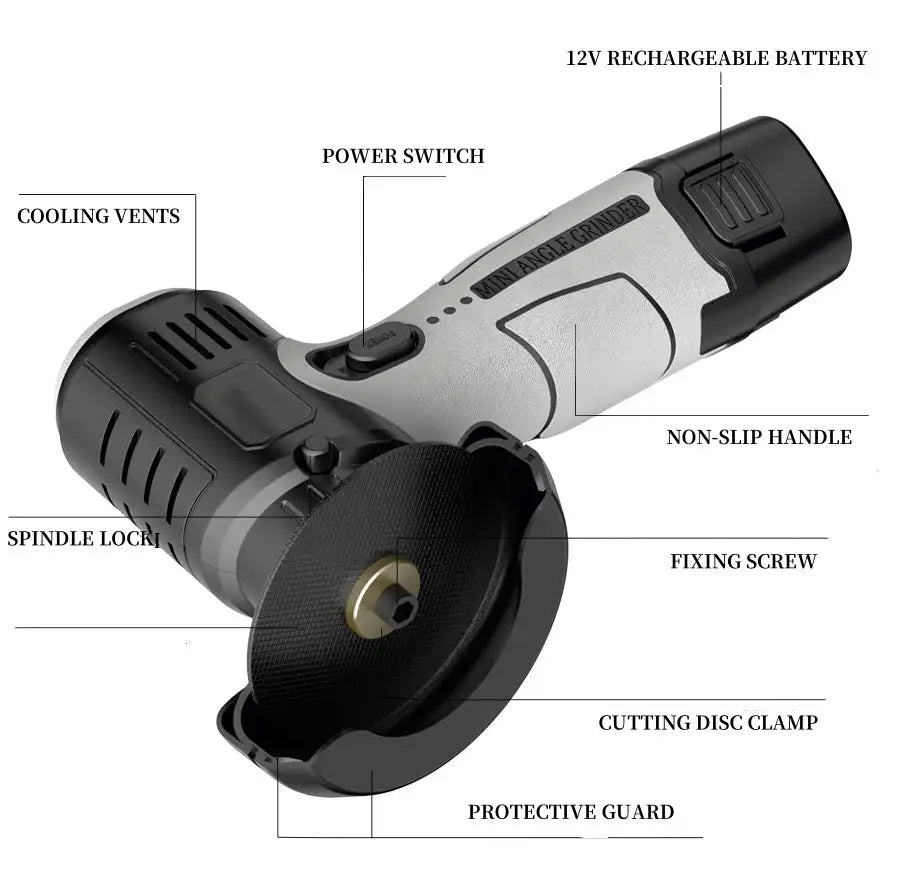 12V Mini Angle Grinder with Cutting Disc 15000 RPM Cordless Electric Angle Grinder 400W Polishing Grinding Machine Brush Motor
