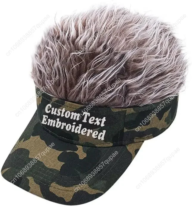 Custom Text Personalized Embroidered Novelty Hair Visor Cap Wig Peaked Adjustable Baseball Hat with Spiked Hair