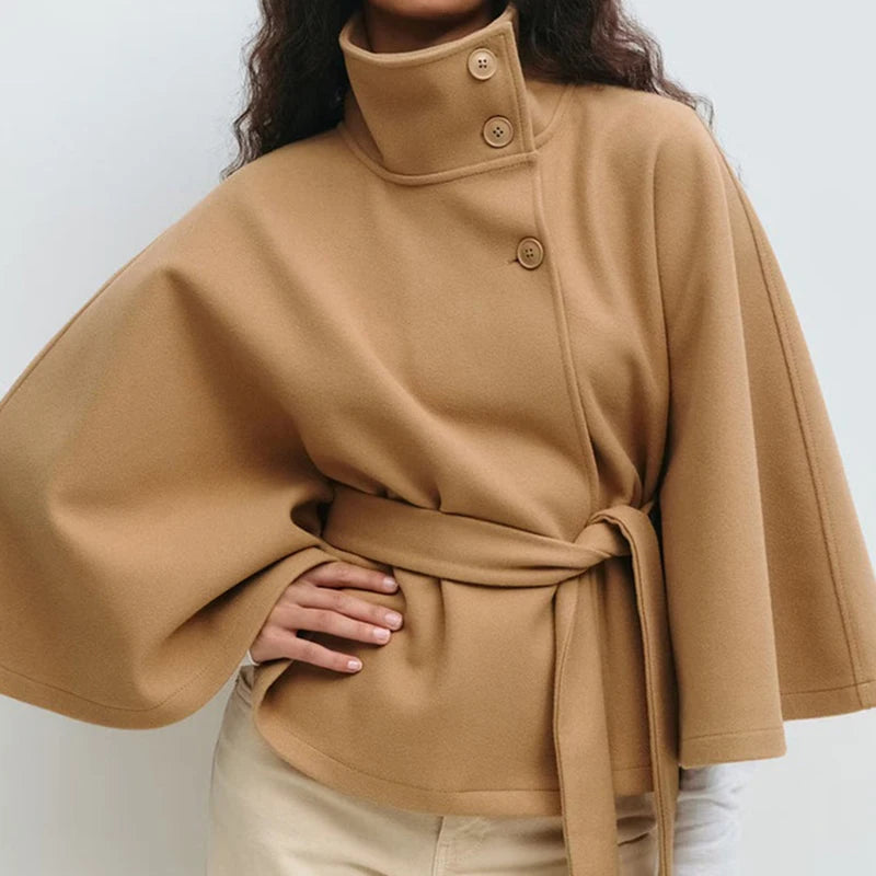 Stand Collar Sashes Patchwork Jackets, Women Autumn Winter Batwing Sleeve Chic Coats, 2025 Loose Holiday Solid Cloak Streetwear