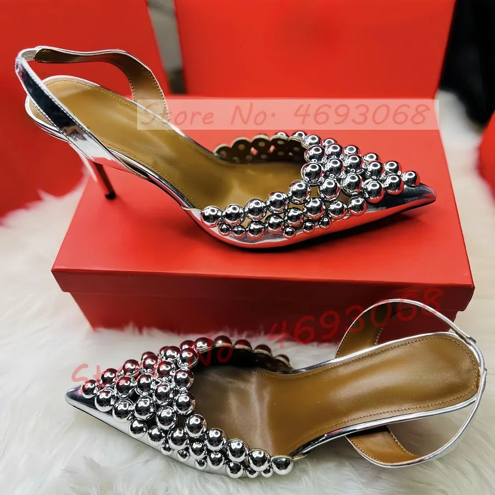 Sexy Pointed Toe Sandals With Metal Ball Spikes Women Bling Slingback Stiletto Sandals Ladies Summer Studded Buckle Straps Shoes