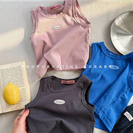 2025 Summer New Children Sleeveless T Shirts Boys Letter Print Vest Cotton Girls Thin Tee Baby Breathable Tops Kids Clothes