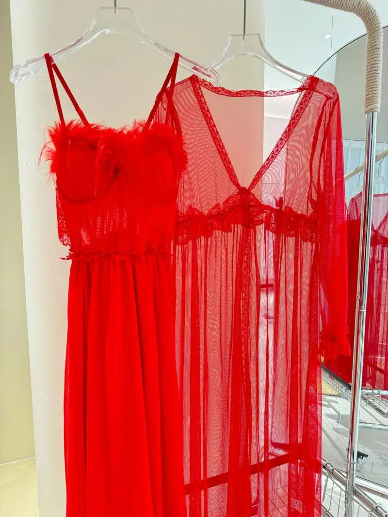 Fairy Wedding Robe Set Bride Morning Dressing Gown Sexy Mesh Perspective Robe Suit 2Pcs Spaghetti Strap Pajamas Lingerie