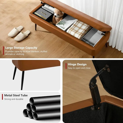 Leather Storage Ottoman Bench,End of Bed Bench Living Room Bedroom Dinning Room Entryway,Loads 660 lb (Without Button, Brown)