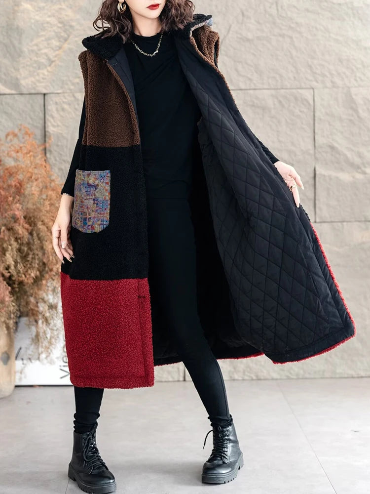 Amax luluE Korean Winter Womens Luxury Fur Padded Long Vest Loose Warm Hooded Sleeveless Coats Classic Casual Thicken Waistcoats