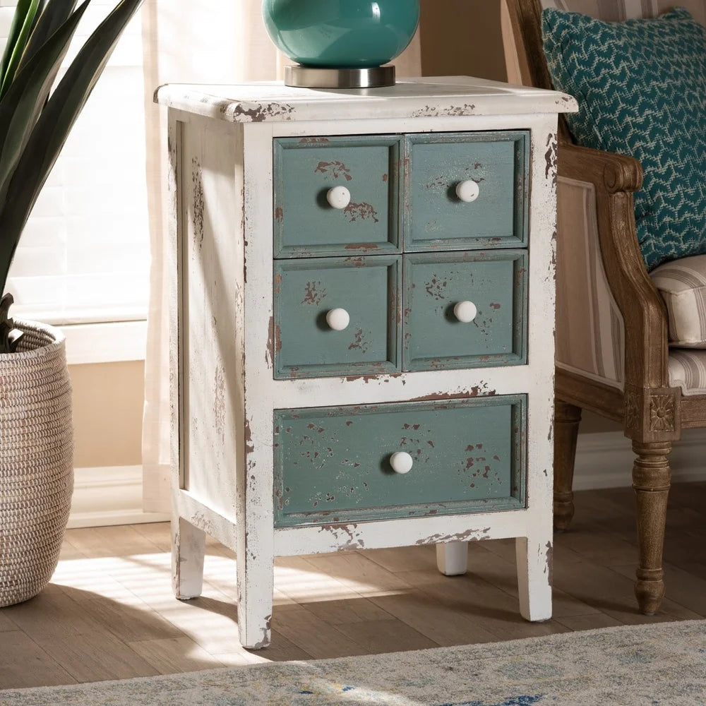 Vintage Distressed Wood 5-Drawer Chest Shabby Chic Accent Storage Organizer Teal White Finish Living Room Entryway