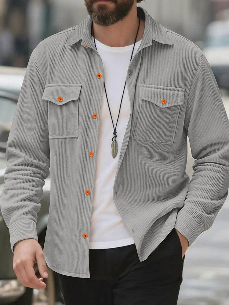 Casual Men's Corduroy Shirt Jacket Spring Autumn Vintage Button-up Turn-down Collar Cargo Jackets Men Fashion Textured Cardigans