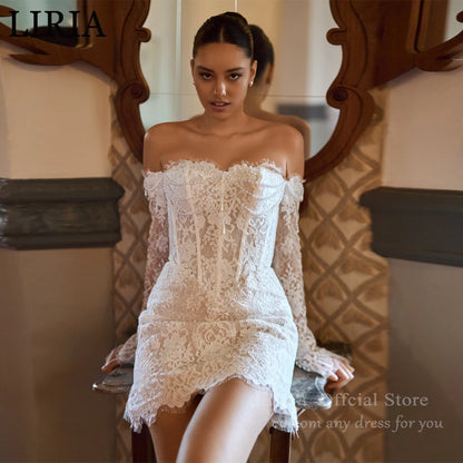 LIRIA Customized White Off the Shoulder Wedding Dresses Pearls Lace Long Sleeve Backless Bridal Gowns Flower Mini Wedding Gowns