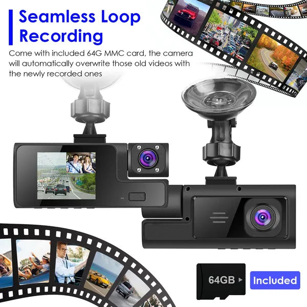 WiFi FHD 1080P Car Dash Cam 3 Channels Front Rear Inside Dash Camera