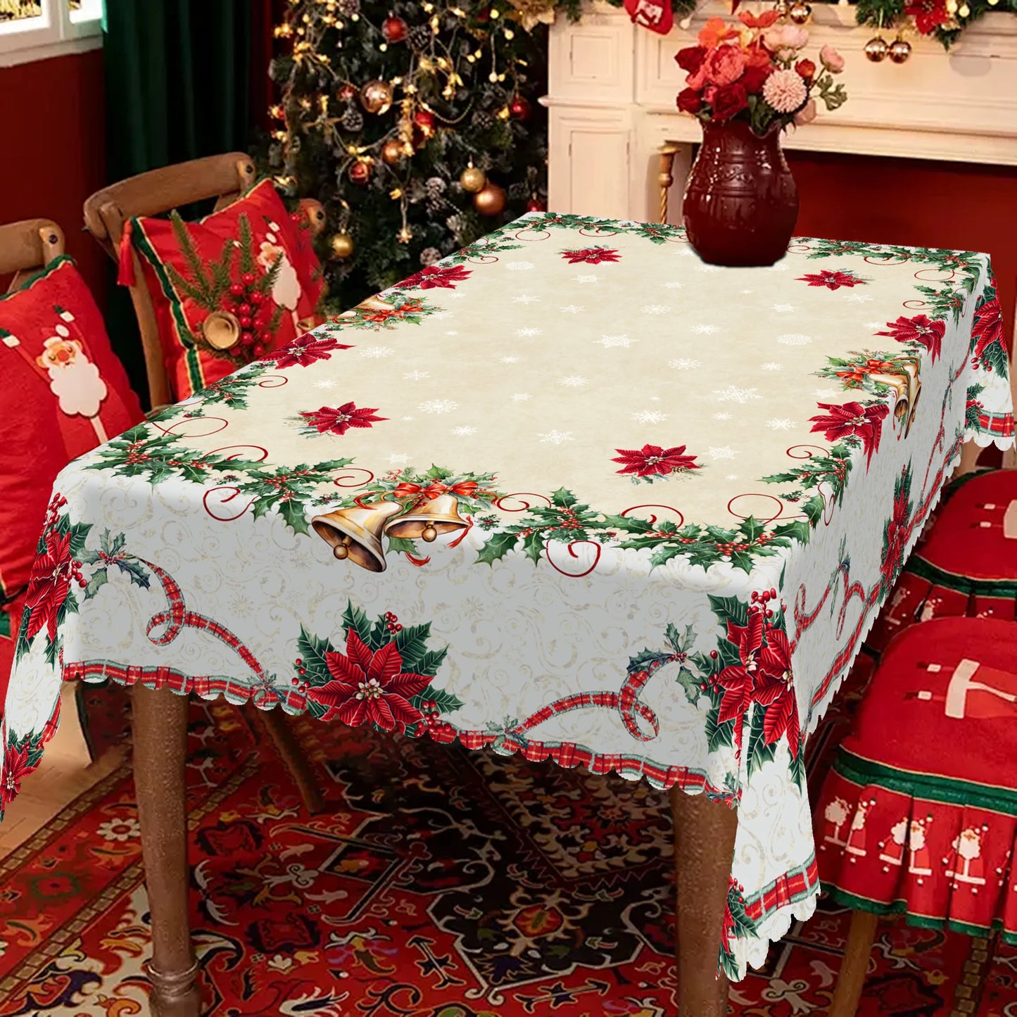 1 Piece Christmas Round and Rectangular Tablecloth, Available in Various Sizes, Christmas Retro Floral Print Pattern Tablecloth, Christmas Garden Tablecloth Decoration, Tablecloth for Daily Home Kitchen, Terrace, Gift
