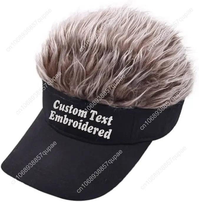 Custom Text Personalized Embroidered Novelty Hair Visor Cap Wig Peaked Adjustable Baseball Hat with Spiked Hair