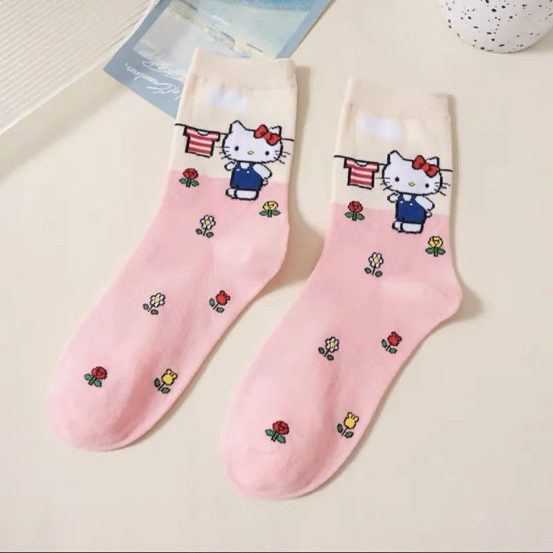 Cartoon Sanrio Hello Kitty Women's Socks My Melody Cute Girl Mid-tube Cotton Socks Kawaii Student Sock Girl Kids Christmas Gift
