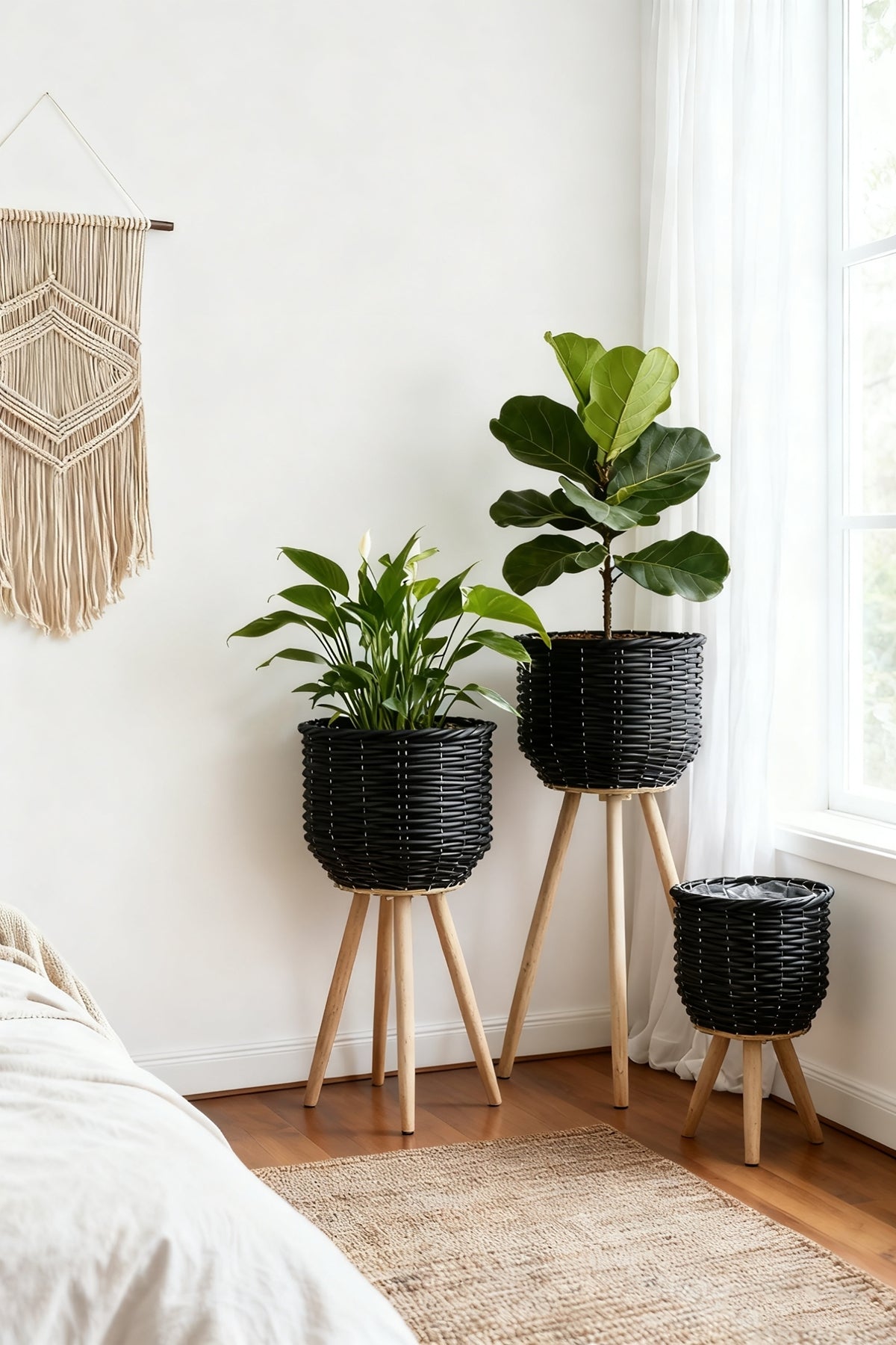 Set of 3 Black Woven Rattan Basket Planters on Wood Legs
