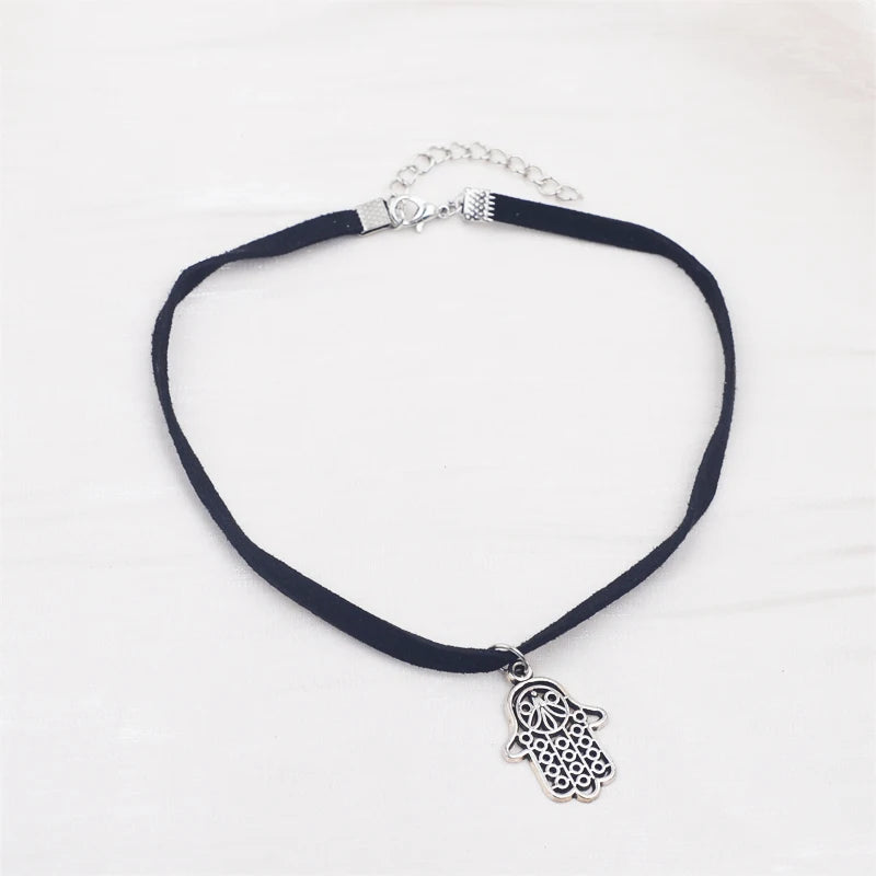 Black Faux Leather Velvet Chokers for Women Short Chain Small Necklaces Punk Skeleton Hand Pendants Collar Christmas Gifts