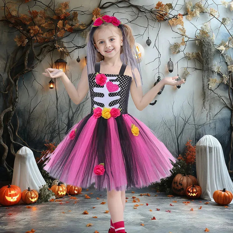 Children's Halloween Zombie Bride Horror Skeleton Vampire Puff Dress Flower Tutu Dress Stage Role Playing  Sleeveless Dress