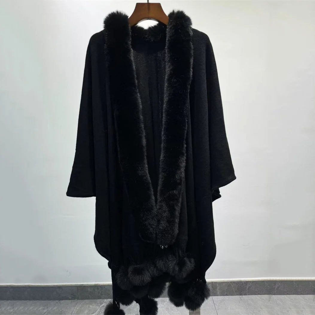 Winter Faux Rabbit Fur Ball Cloak Warm Thick Poncho Shawl Coat Women Big Pendulum Outer Wear Cardigan Long Pompon Cape