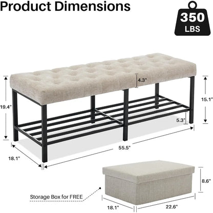 55.5" End of Bed Bench, Modern Chenille Button Tufted Bedroom Bench, Upholstered Storage Shoe Bench with Metal Base, Dinning Tab