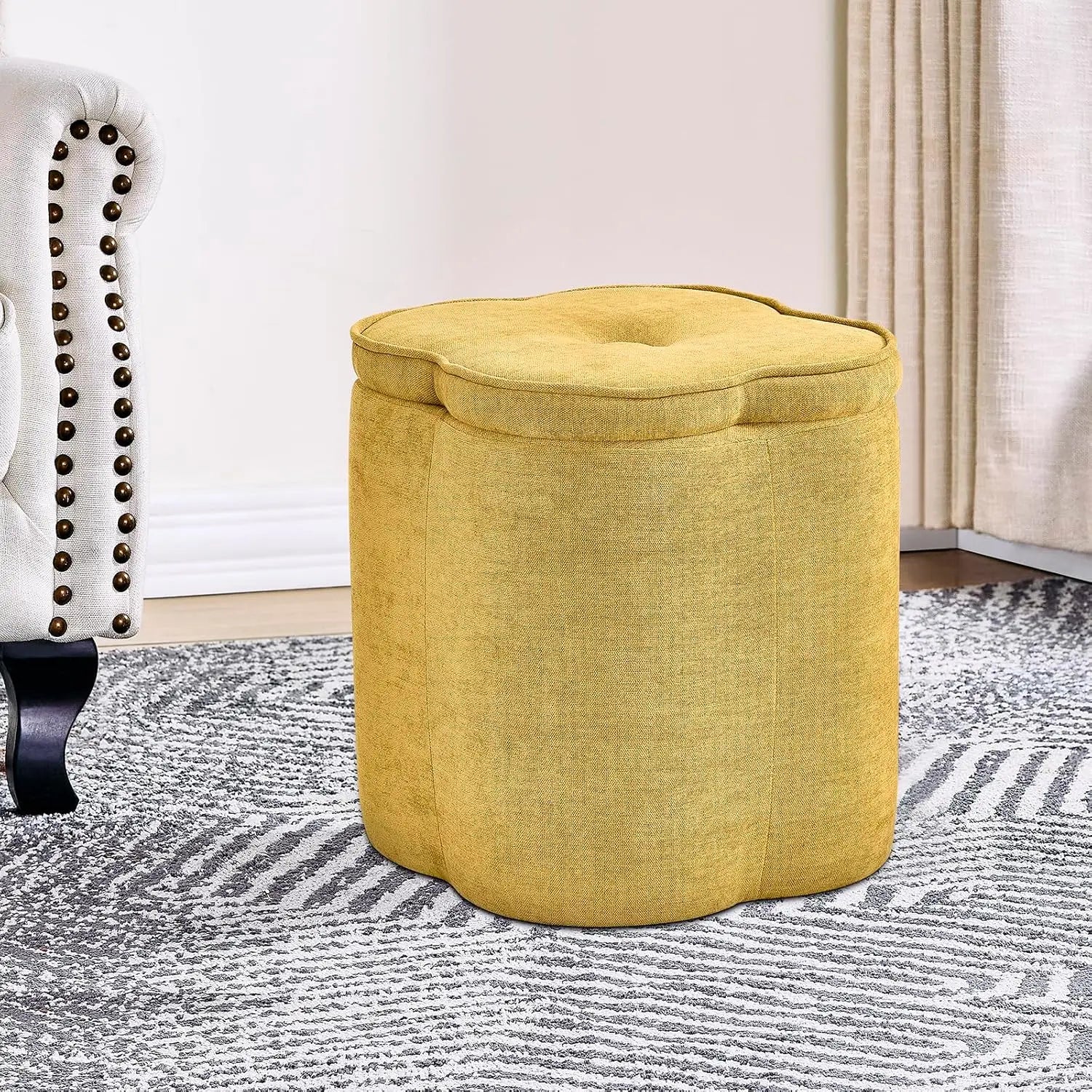 18"Flower Foot Rest Ottoman with Storage,Chenille Fabric Pouf Ottoman for Home Decor,Vanity Stool, Extra Seating for Living Room
