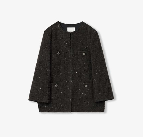 Circle Texture Sequined Wool Tweed Round Neck Long Chanel Style Coat