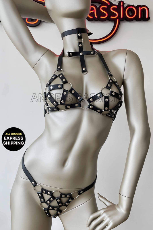Luxury Sexy Black Leather Caged Harness Top Panty Set