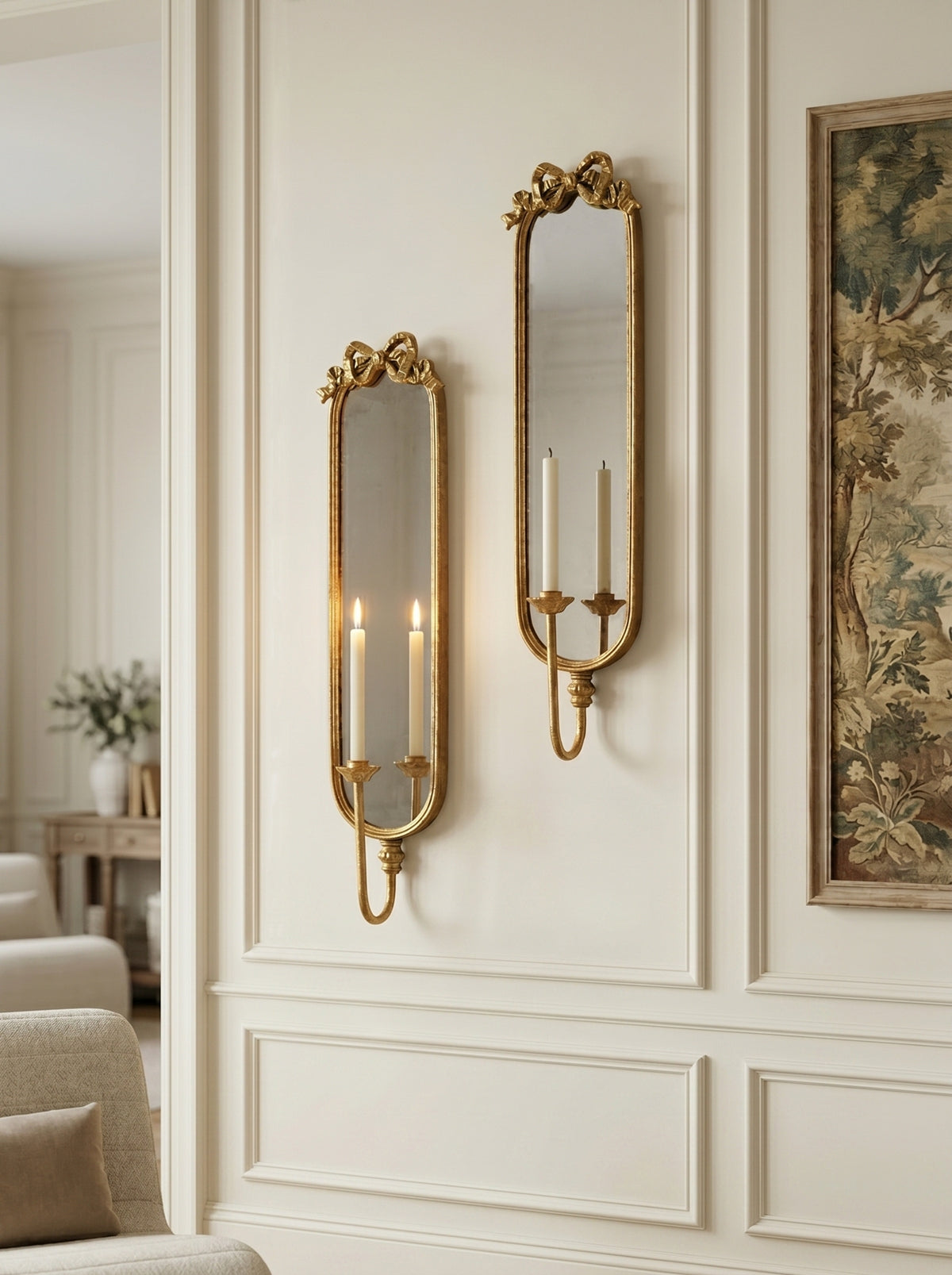 Set of 2 Gold Mirrored Wall Sconces with Iron Candle Holders