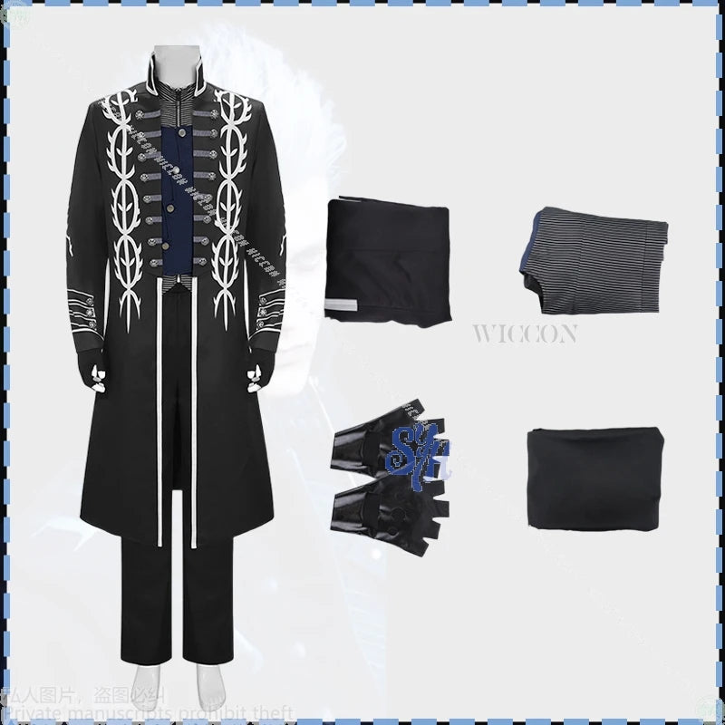 Game DMC5 Cosplay Vergil Anime Costume Demon Cos Cryy Long Black Punk Goth Coat Uniform Pants Jacket Vest Wigs Halloween Party