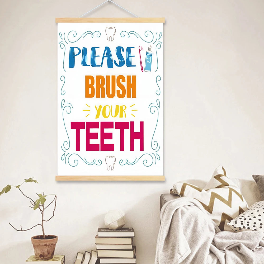 Solid Wood Hanging Scrolls Colorful Bathroom Quote Wall Art Prints - Brush Your Teeth, Flush The Toilet, Wash Your Hands Cardsto