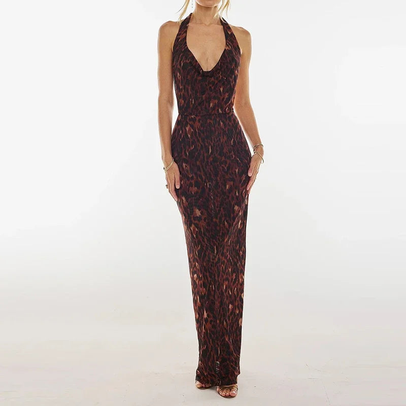 Sexy Sleeveless High Waisted Beach Dress Casual Printed Backless Long Dress 2025 New Women's Neck Hanging Hollow Slim Fit Dress