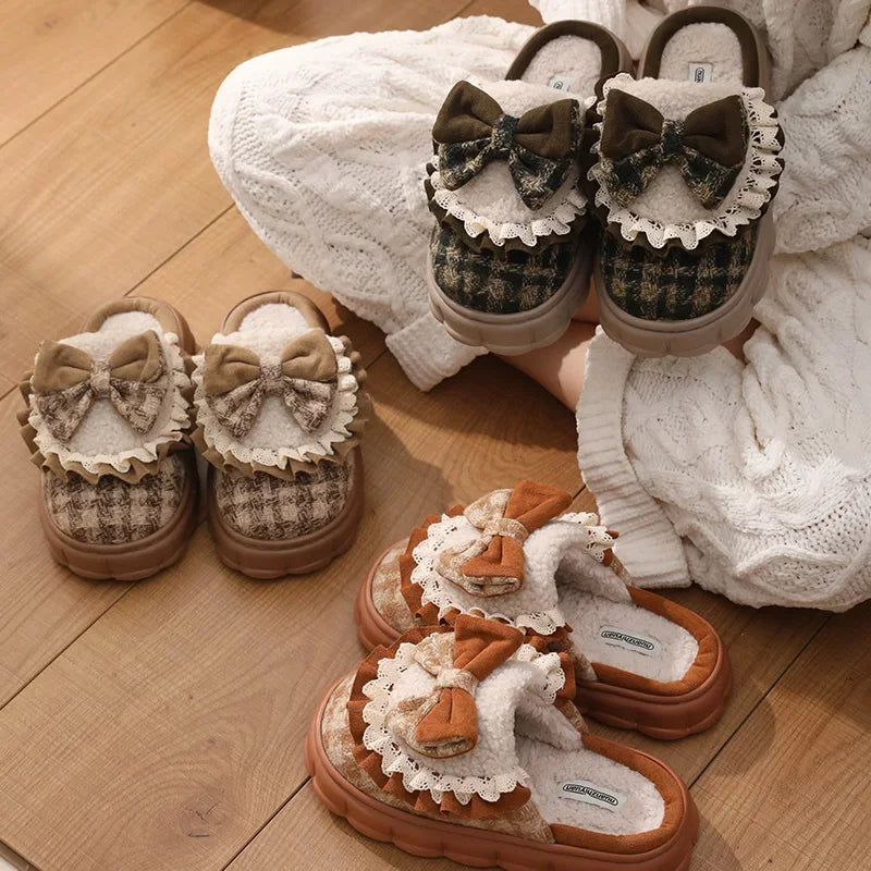 Women Winter Fashion Butterfly-Knot House Slippers Ladies Warm Flat Casual Shoes Female Soft Outdoor Versatile Bow Footwear