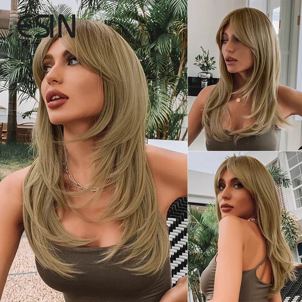 ESIN Synthetic Dark Brown Wig Long Wave Wigs for Women Hair Wig With Bangs Heat Resistant Party Daily Natural Use