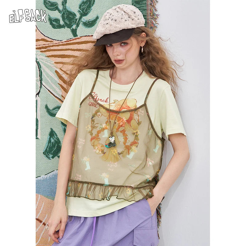 ELFSACK 2025 Summer New Arrival Casual Cute design niche top Mesh halter print short sleeve two-piece t-shirt