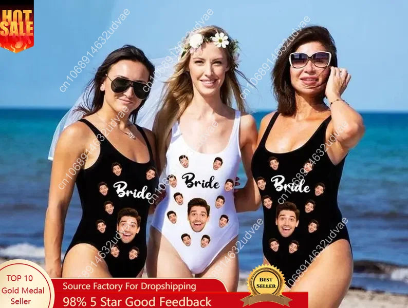 Custom Bride Swimsuit with Face Personalized Photo Brides Swimwear, Bachelorette Party Swimsuits,Birthday/Anniversary/