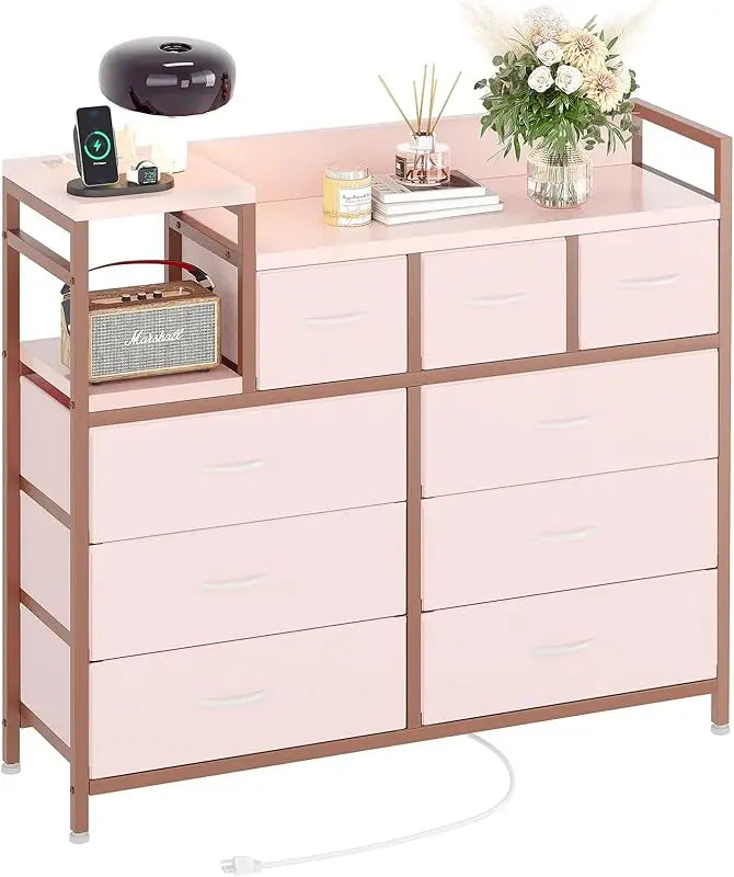9 Drawer Storage Bedroom Dresser TV Stand |   Multi-Functional with Built-in Charging Station Tall Dresser for Closet O