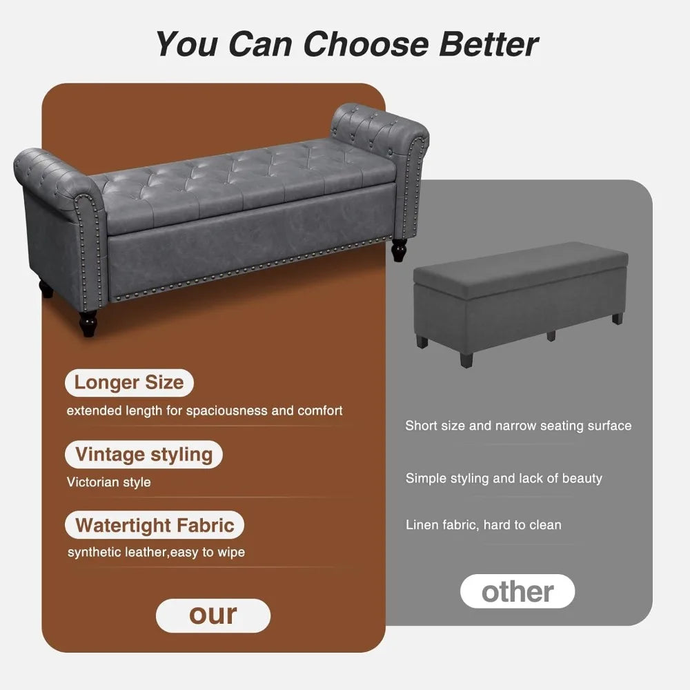 Bedroom Bench, End of Bed Bench with Storage, Bed Benches for Foot of Bed, Faux Leather Window Bench with Rolled