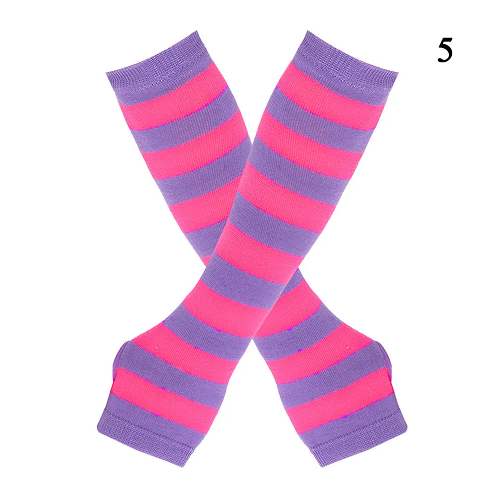 Macaroon Color Striped Long Sleeves Fashion Punk Long Fingerless Gloves For Women Men Outdoor Christmas Ornament  Arm Warmer