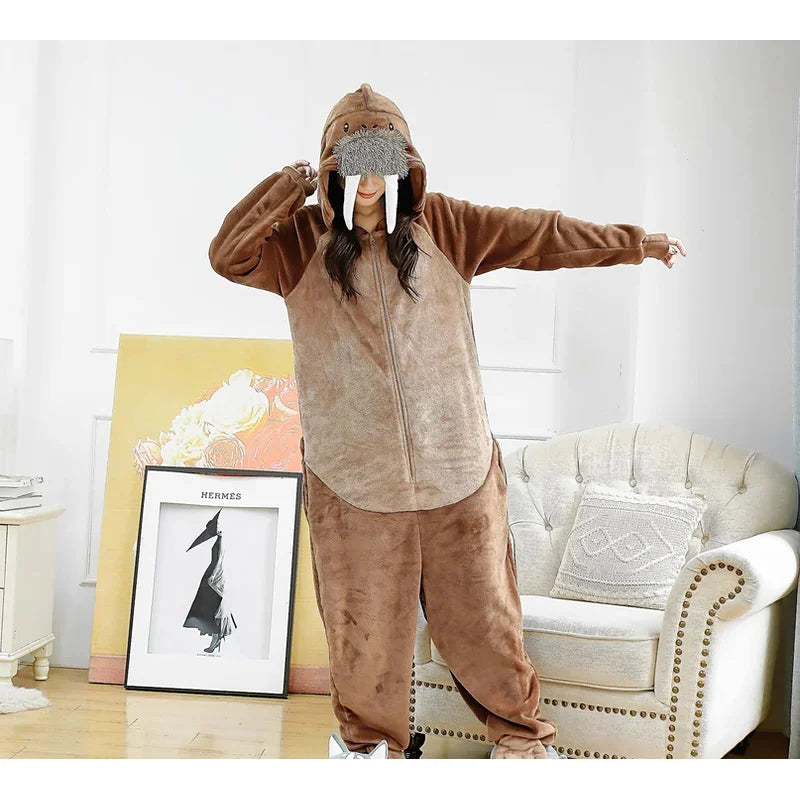 Cosplay Flannel Walrus Onesies Animal Sea Lions Cosplay Overall Pajamas Cartoon Kigurumi Christmas Party Pyjamas Carniva Cosplay
