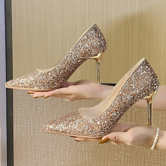 New Glitter Pointed Women's Evening Party Wedding Shoes Dress Women Pumps Summer Stiletto Fashion Silver Thin High Heels