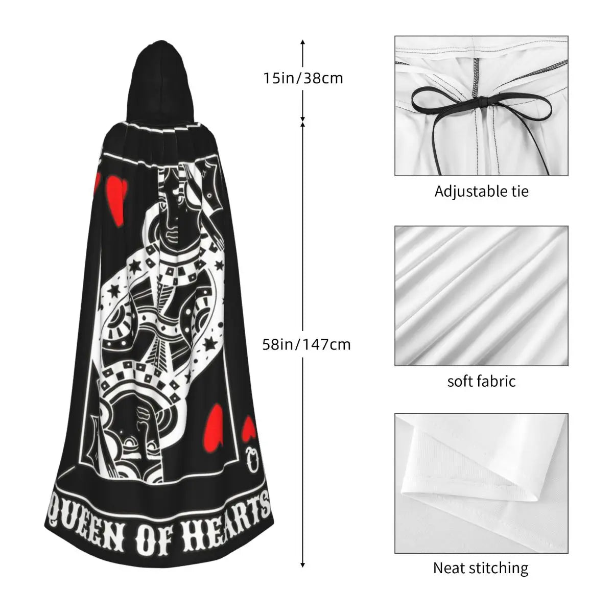 Queen Of Hearts Halloween Design Idea Card Lover Fun Lazy Halloween Long Hooded Cloak Witch Medieval Costume Cosplay Cape