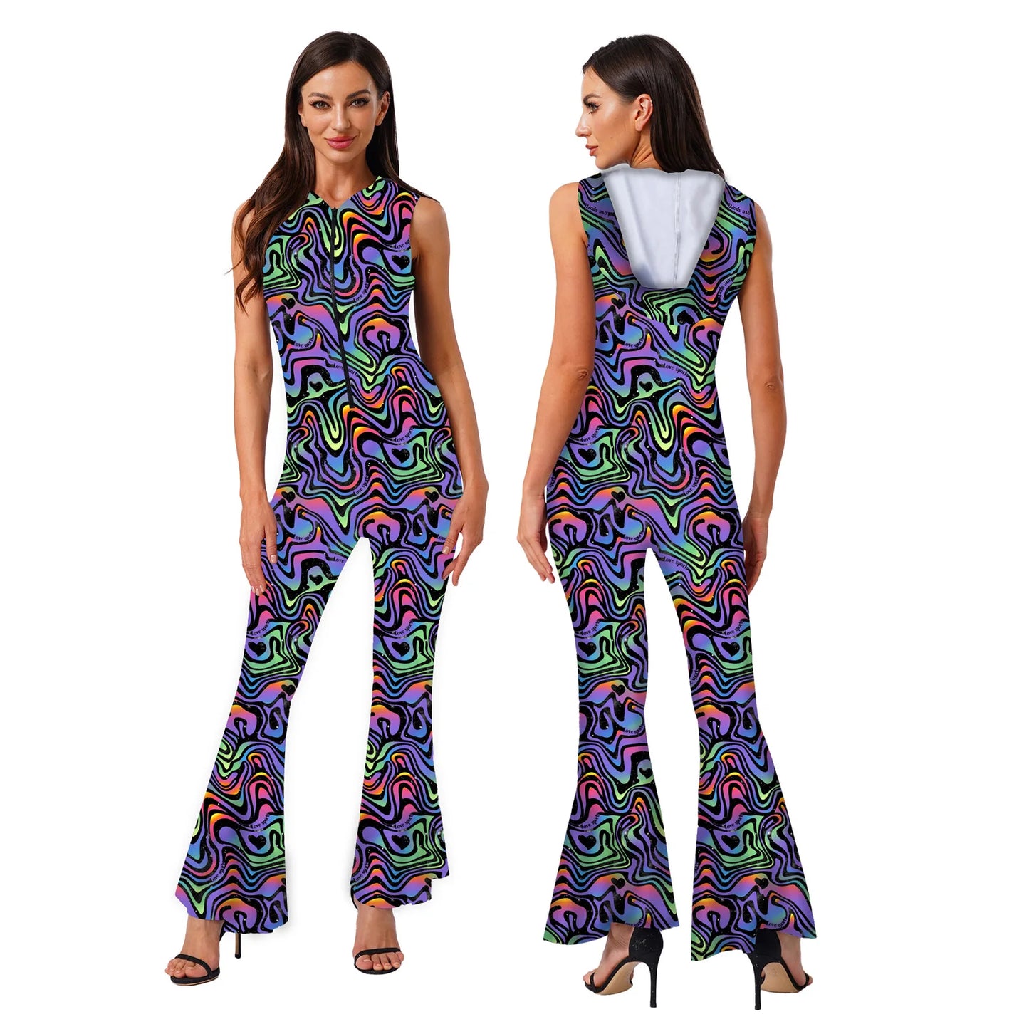 Women Halloween 90s Disco Hippie Cosplay Costume Sleeveless Zipper Printed Bell-Bottom Hooded Jumpsuit for Theme Party Carnival