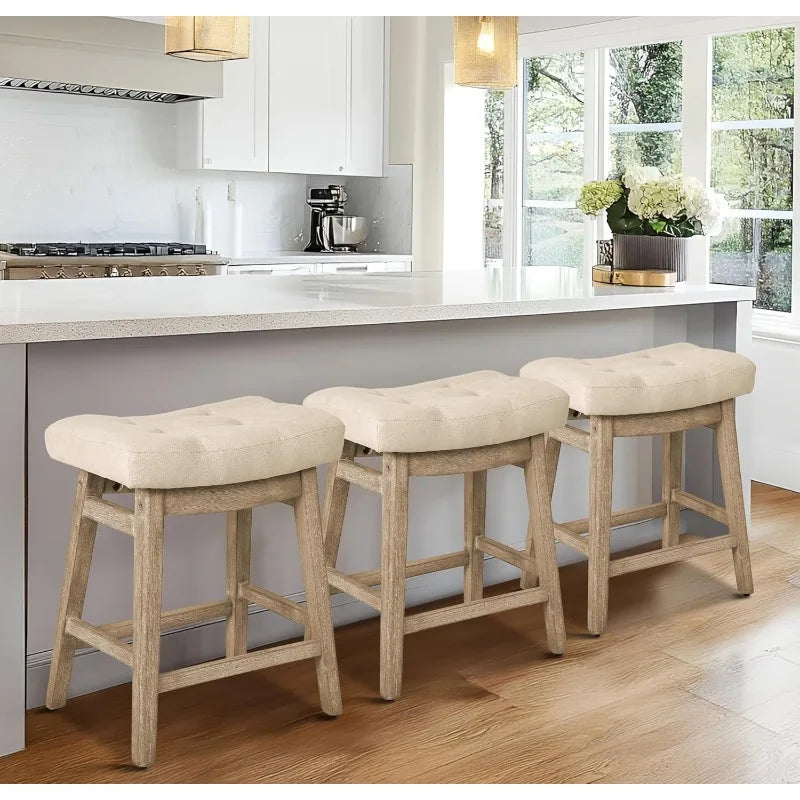 Counter Height Bar Stools Set of 3 for  Counter Farmhouse Modern Barstools Upholstered Fabric Backless Seat Khaki + Wood Color