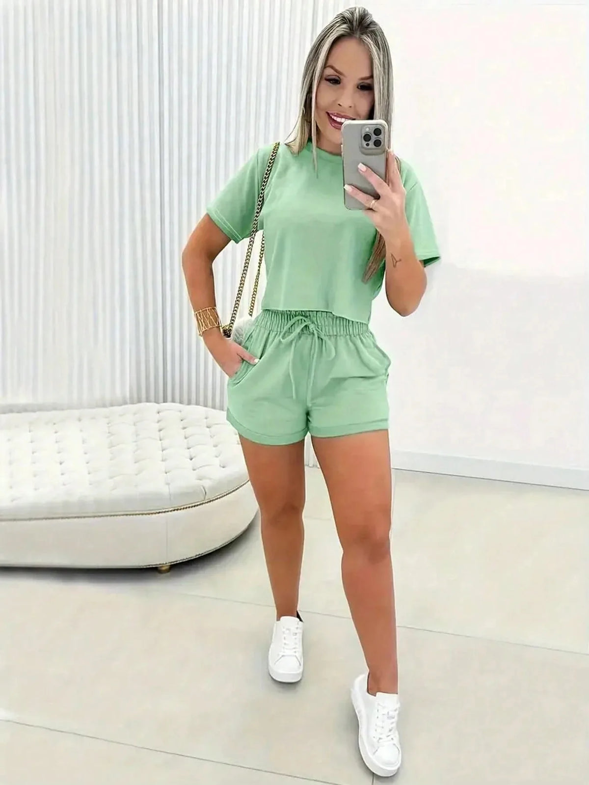2026 Women's Short-Sleeve Set Brazilian Print T-Shirt Set Crew Neck Retro Streetwear Trendy Clothing Crop Top Sports Set