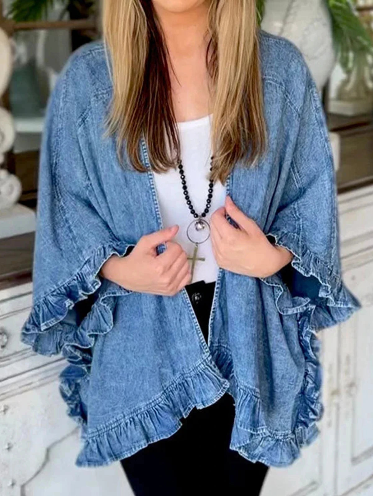 Vintage Blue Denim Jacket Female Fashion Streetwear Lapel 3/4 Sleeves Ruffle Cardigan Loose Women Coat
