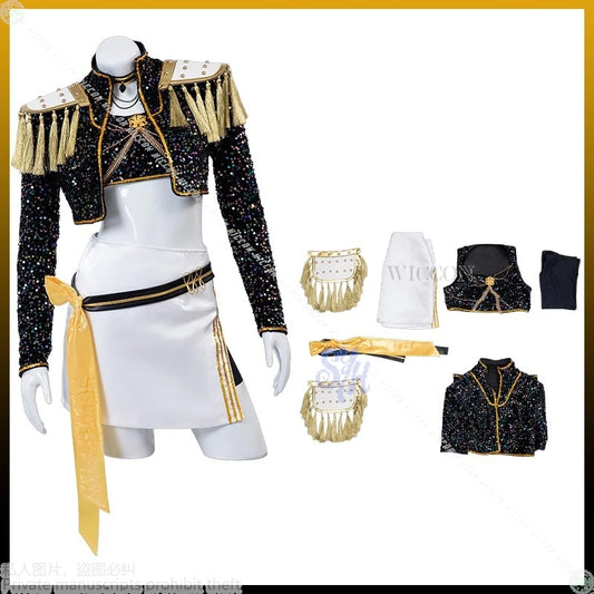 Anime Kpop Demon Cosplay Huntrix Mira For GOLDEN Stage Uniform Black Coat White Mini Dress Kawaii Jirai Kei Girls Korea Idol Cos