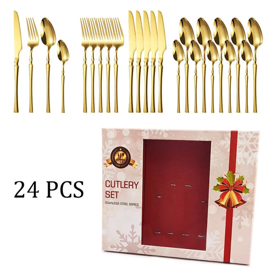 Christmas 24Pcs Gold Dinnerware Stainless Steel Cutlery Set Dinner Flatware Knife Fork Spoon Luxury Kitchen Tableware Gift Box