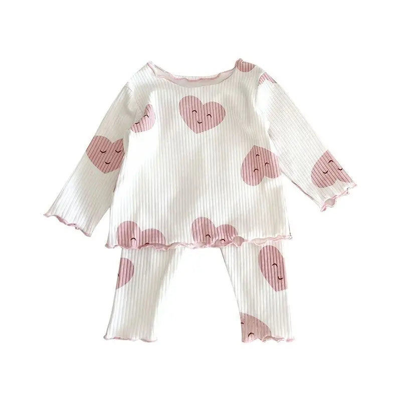 Autumn new ice silk children's home dress Pink Love suit Girls Pajamas Sets Children's Pijamas Breathable Baby Clothes