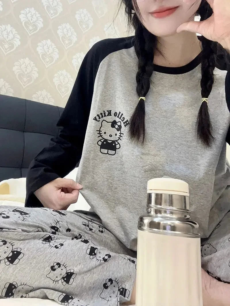 Hello Kitty Cartoon Girl Long Sleeved T Shirt Home Clothes Set Anime Sanrio Print Kawaii Spring Autumn New Trousers Pajama Sweet