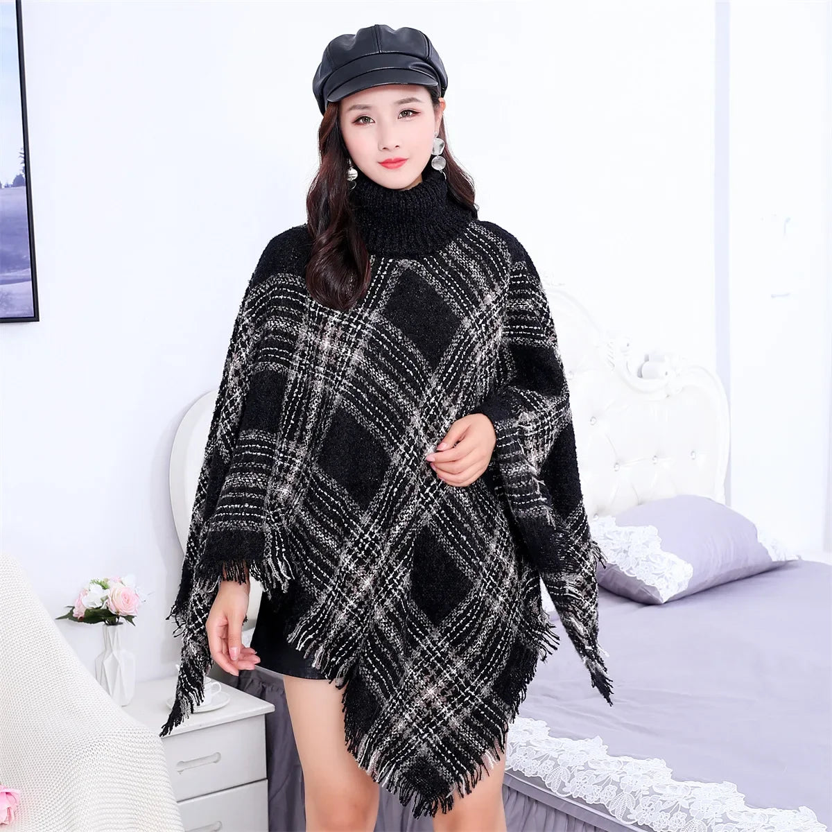 New Women Autumn Winter Striped Knitted Poncho Shawl Sweater Overcoat Streetwear Thick Warm High Neck Loose Knitwear Long Coat