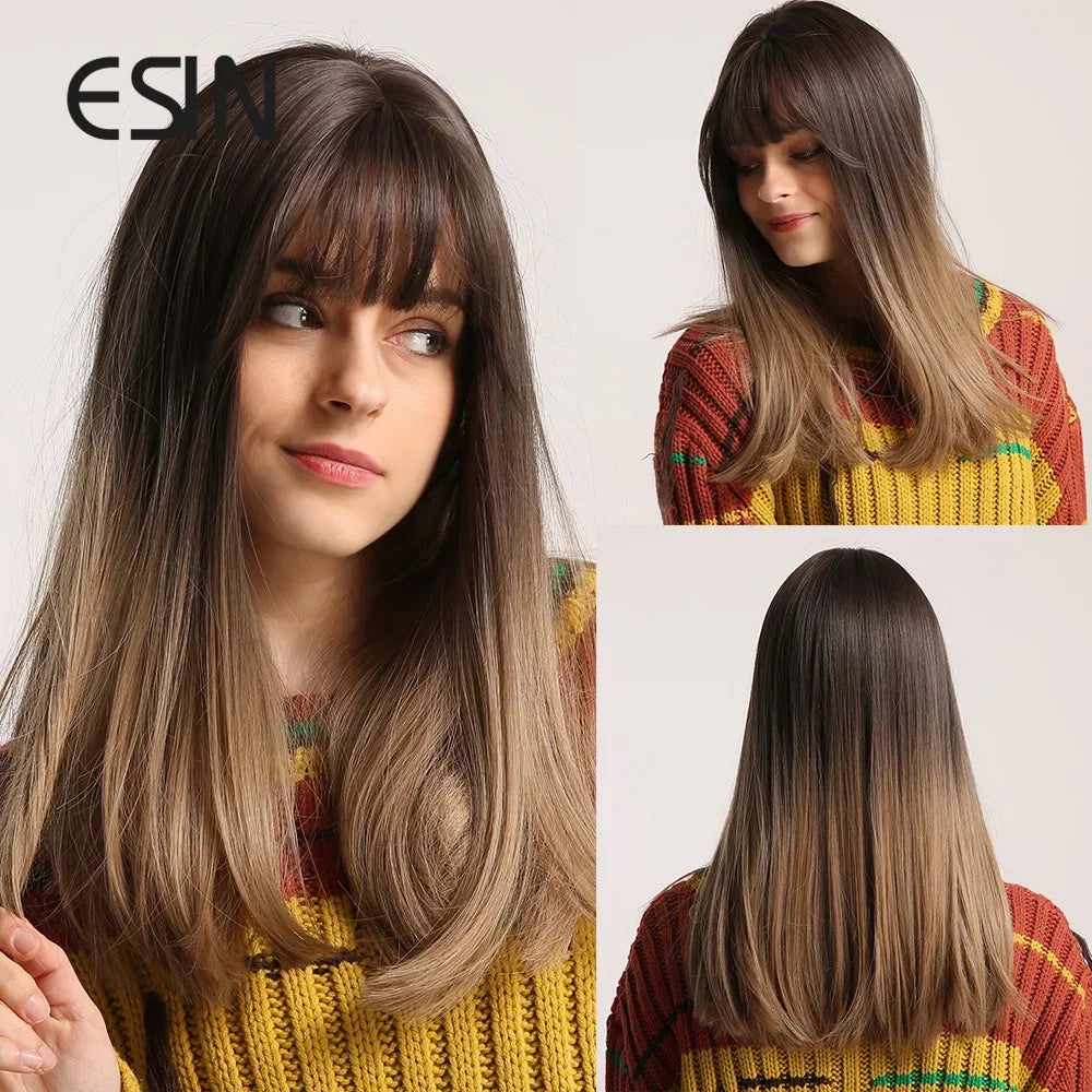 ESIN Synthetic Dark Brown Wig Long Wave Wigs for Women Hair Wig With Bangs Heat Resistant Party Daily Natural Use