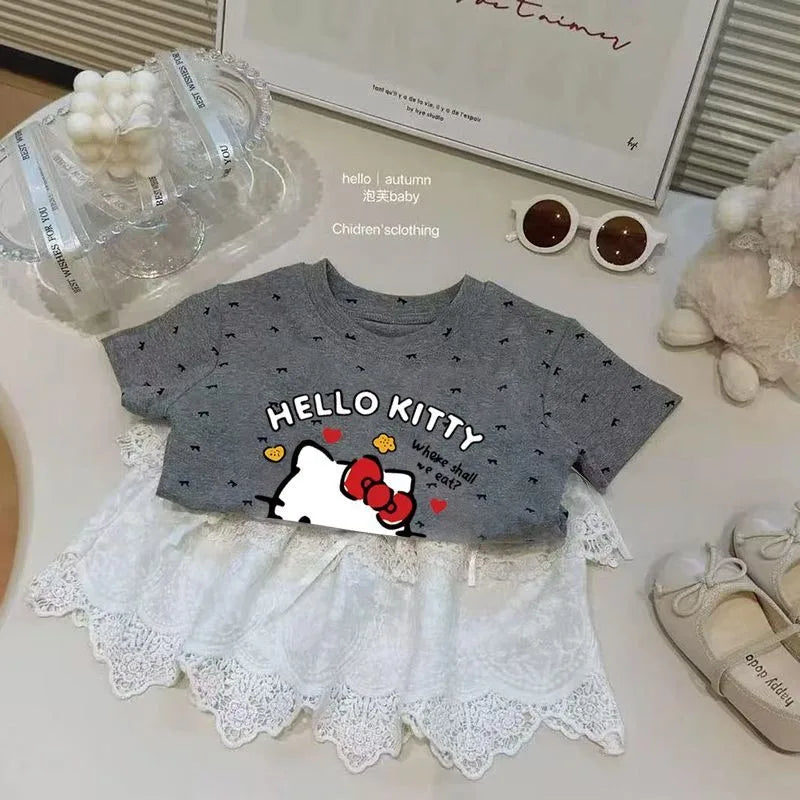 2025 Hello Kitty Anime Kawaii Sanrio Ins Fashion Summer Shirt Cute Printed Kt Cat Casual Hoodie Clothes Baby Gifts Toys