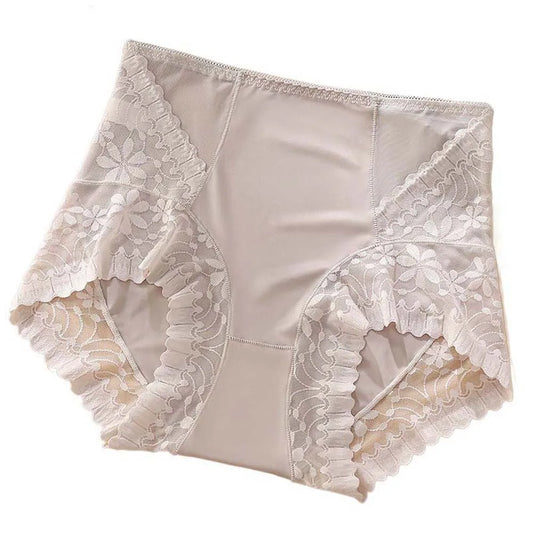 Satin Women Silk Panties Lingeries Belly Contracting Plus Size Briefs High Waist Solid Color Ice Silk Lace Underpants Girls