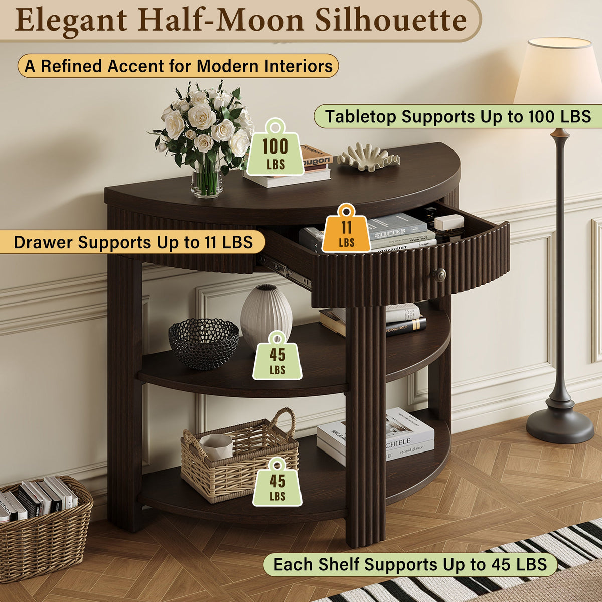 Fluted Half Moon Console Table with Drawer and 2 Shelves for Entryway,